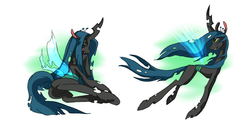 Size: 866x447 | Tagged: safe, artist:jabberwockychamber, queen chrysalis, changeling, changeling queen, g4, crown, featureless crotch, female, flying, jewelry, regalia, transparent wings, wings