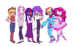 Size: 1074x649 | Tagged: safe, artist:tearzah, applejack, fluttershy, pinkie pie, rainbow dash, rarity, twilight sparkle, human, g4, boots, clothes, converse, dark skin, diversity, hat, humanized, jeans, long skirt, mane six, pants, shoes, simple background, skirt, stockings, sweater, sweatershy, thigh highs, white background