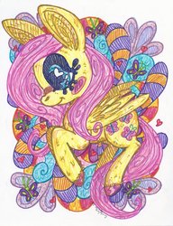 Size: 2480x3232 | Tagged: safe, artist:dolcisprinkles, fluttershy, butterfly, pegasus, pony, g4, big ears, colorful, female, heart eyes, solo, traditional art, wingding eyes