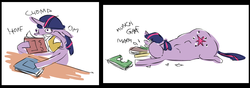 Size: 1222x430 | Tagged: safe, twilight sparkle, pony, g4, bibliovore, book, eating, fat, female, nom, object stuffing, pica, prone, solo, that pony sure does love books, wat