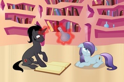 Size: 1000x667 | Tagged: safe, artist:stasysolitude, king sombra, sapphire joy, crystal pony, pony, a tale of one shadow, g4, book, bored, library, magic, show accurate, sombra's cutie mark, telekinesis, younger