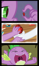 Size: 1280x2160 | Tagged: safe, edit, edited screencap, screencap, rarity, spike, dragon, a dog and pony show, g4, just for sidekicks, secret of my excess, comic, comparison, fire ruby, flashback, gem, male, ruby, screencap comic