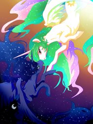 Size: 960x1280 | Tagged: safe, artist:nabe, princess celestia, princess luna, g4, gradient background, looking at each other, looking at someone, looking into each others eyes, royal sisters, siblings, sisters, spread wings, upside down, wings