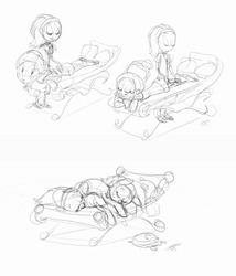 Size: 950x1108 | Tagged: safe, artist:carnifex, aloe, fluttershy, lotus blossom, rarity, human, g4, female, humanized, lineart, monochrome, mud mask, sketch, sleeping, spa, spa twins