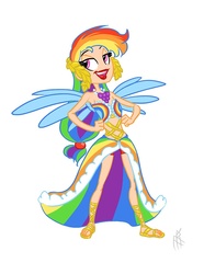 Size: 671x900 | Tagged: safe, artist:carnifex, rainbow dash, human, g4, clothes, dress, female, gala dress, humanized, sandals, simple background, skinny, solo, thin, white background, winged humanization