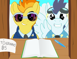 Size: 2212x1700 | Tagged: safe, artist:rydelfox, soarin', spitfire, g4, autograph, clothes, duo, pen, shirt, sunglasses, wonderbolts dress uniform