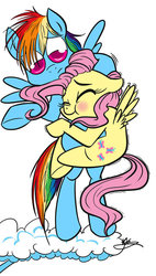 Size: 425x750 | Tagged: safe, artist:bunnimation, fluttershy, rainbow dash, g4, blushing, cloud, duo, female, flying, hug, lesbian, puffy cheeks, ship:flutterdash, shipping, shivering