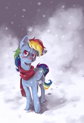 Size: 2722x3968 | Tagged: safe, artist:graypaint, rainbow dash, pony, g4, clothes, female, scarf, snow, snowfall, solo