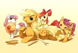 Size: 1280x883 | Tagged: safe, artist:yoona, apple bloom, applejack, scootaloo, sweetie belle, g4, brush, comb, cutie mark crusaders, hat, loose hair, makeover, mouth hold, scissors