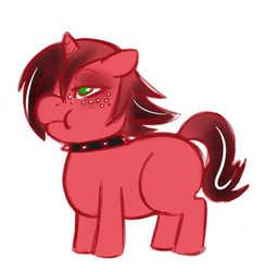 Size: 406x418 | Tagged: safe, artist:redintravenous, oc, oc only, oc:red ribbon, pony, unicorn, blank flank, chubby, collar, emo, eyeshadow, fat, female, freckles, goth, younger