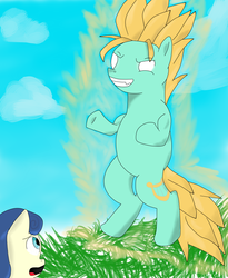 Size: 4500x5500 | Tagged: safe, artist:2-dementionalpony, bon bon, lyra heartstrings, sweetie drops, earth pony, pony, g4, absurd resolution, bipedal, dragon ball, dragon ball z, duo, super saiyan