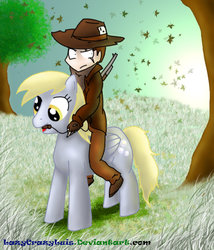 Size: 828x966 | Tagged: safe, artist:ponehanon, derpy hooves, human, g4, cowboy, duo, red dead redemption, riding