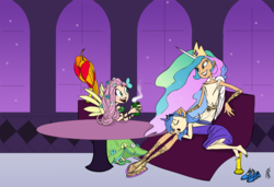 Size: 1459x1000 | Tagged: safe, artist:166, artist:carnifex, fluttershy, philomena, princess celestia, princess luna, phoenix, g4, barefoot, bedroom eyes, clothes, dress, eyes closed, feet, gala dress, grin, head on lap, horn, horned humanization, humanized, no nose, on side, open mouth, s1 luna, sandals, sitting, sleeping, smiling, winged humanization