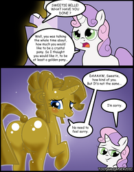 Size: 1383x1771 | Tagged: safe, artist:toongrowner, rarity, sweetie belle, pony, unicorn, g4, blushing, butt, comic, covered, duo, featureless crotch, female, luster dust, plot, rarigold, rearity, siblings, sisters