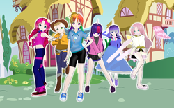 Size: 1440x900 | Tagged: safe, artist:jaimelynh, applejack, fluttershy, pinkie pie, rainbow dash, rarity, twilight sparkle, human, g4, clothes, dress, hat, horn, horned humanization, humanized, mane six, midriff, mmd, sweater, winged humanization