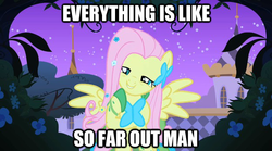 Size: 625x347 | Tagged: safe, edit, edited screencap, screencap, fluttershy, pegasus, pony, g4, season 1, the best night ever, clothes, dress, female, flutterhigh, gala dress, high, hippie, hippieshy, image macro, lidded eyes, solo