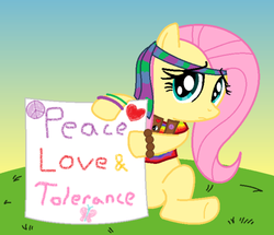 Size: 500x429 | Tagged: safe, artist:woof91, fluttershy, pony, g4, female, hippie, hippieshy, love, mare, peace