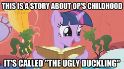 Size: 625x351 | Tagged: safe, edit, edited screencap, screencap, twilight sparkle, pony, g4, look before you sleep, season 1, book, female, golden oaks library, image macro, op, op is a duck, slumber 101, smiling, solo, topiary