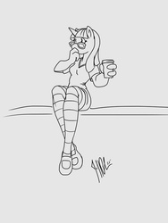 Size: 750x1000 | Tagged: safe, artist:bastianmage, twilight sparkle, anthro, g4, coffee, glasses, mary janes, monochrome