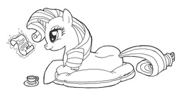 Size: 1810x1000 | Tagged: safe, artist:abronyaccount, rarity, pony, g4, female, lineart, reading, scroll, solo, tea