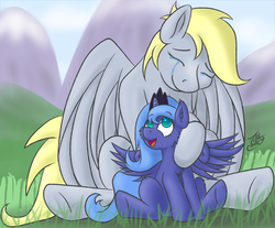 Size: 1000x829 | Tagged: safe, artist:tlatophat, derpy hooves, princess luna, alicorn, pegasus, pony, g4, crying, duo, duo female, female, filly, filly luna, happy, mare, smiling, tears of joy, woona, younger