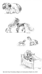 Size: 727x1280 | Tagged: safe, artist:baron engel, apple bloom, applejack, princess luna, winona, alicorn, dog, earth pony, pony, g4, bed, crying, female, filly, foal, mare, monochrome, pencil drawing, traditional art