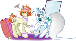 Size: 1564x860 | Tagged: safe, artist:arnachy, oc, oc only, earth pony, pony, unicorn, brush, scissors