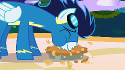 Size: 1000x563 | Tagged: safe, screencap, soarin', pony, g4, the best night ever, animated, apple pie, clothes, eating, eyes closed, food, gif, grand galloping gala, herbivore, male, messy eating, pie, solo, that pony sure does love pies, uniform, wonderbolts, wonderbolts uniform