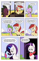 Size: 1320x2040 | Tagged: safe, artist:karzahnii, rarity, roseluck, spike, g4, bandana, comic, magic, tales from ponyville