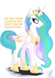 Size: 4961x7016 | Tagged: safe, artist:teammagix, princess celestia, pony, g4, absurd resolution, annoyed, caption, dialogue, female, simple background, solo, trollestia, tsundelestia, tsundere, white background