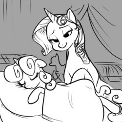 Size: 500x500 | Tagged: safe, artist:pandarainbow, rarity, sweetie belle, g4, lineart, sleeping