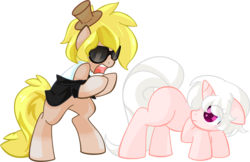 Size: 1850x1200 | Tagged: safe, artist:bigbuxart, oc, oc only, oc:quila, oc:timestep, earth pony, pony, unicorn, blank flank, butt, commission, gangnam style, hat, offspring, parent:doctor whooves, parent:unnamed oc, parents:canon x oc, plot, simple background, sunglasses, transparent background, younger
