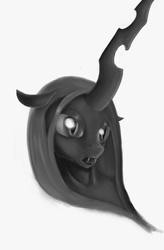 Size: 627x955 | Tagged: dead source, safe, artist:omgmax, queen chrysalis, changeling, changeling queen, g4, fangs, female, horn, monochrome