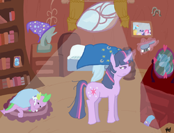 Size: 3320x2544 | Tagged: safe, artist:pcjoyce, rarity, spike, trixie, twilight sparkle, g4, bed, bed mane, female, lesbian, plushie, rarity plushie, ship:twixie, shipping