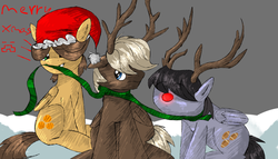 Size: 1753x1000 | Tagged: safe, artist:wellhader, dumbbell, hoops, quarterback, deer pony, original species, g4, antlers, christmas, frown, gritted teeth, hair over eyes, hair over one eye, hat, hidden eyes, red nose, reindeer antlers, santa hat, smiling, wide eyes