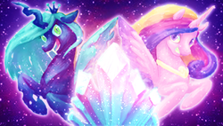 Size: 1920x1089 | Tagged: safe, artist:karnella, princess cadance, queen chrysalis, alicorn, changeling, changeling queen, pony, g4, contrast, crystal, female, wallpaper