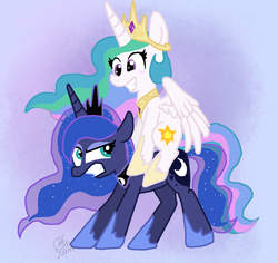 Size: 1316x1240 | Tagged: dead source, safe, artist:daisy-dictator, princess celestia, princess luna, g4, celestia riding luna, ponies riding ponies, riding