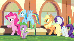 Size: 640x360 | Tagged: safe, edit, edited screencap, screencap, applejack, pinkie pie, rainbow dash, rarity, spike, dragon, earth pony, pegasus, pony, unicorn, friendship is witchcraft, a canterlot wedding, g4, abuse, animated, butt, female, foaly matripony, male, mare, ouch, plot, spikeabuse, the great and powerful superedit, train, wide eyes