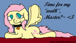 Size: 908x520 | Tagged: safe, artist:mvilla98, fluttershy, pegasus, pony, g4, 30 minute art challenge, collar, flutterpet, master, pet, pet play, speech