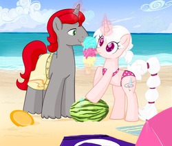 Size: 4539x3850 | Tagged: safe, artist:bigbuxart, oc, oc only, oc:quila, pony, unicorn, beach, bikini, clothes, ice cream, swimsuit, watermelon