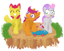 Size: 942x755 | Tagged: safe, artist:spatialheather, apple bloom, scootaloo, sweetie belle, g4, cutie mark crusaders, scooter, simple background, transparent background