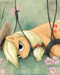 Size: 900x1125 | Tagged: safe, artist:johnjoseco, applejack, earth pony, pony, female, flower, frown, glare, hanging (by neck), hogtied, imminent death, looking at you, lynching, mare, noose, on side, rope, solo, stare, unamused, unsexy bondage