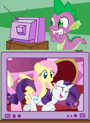 Size: 520x716 | Tagged: safe, artist:perfectpinkwater, fluttershy, rarity, spike, g4, my little pony: friendship is magic, winter wrap up, cute, exploitable meme, feather, grin, laughing, meme, mouth hold, on side, open mouth, ship:flarity, shipping, smiling, squee, tickling, tv meme