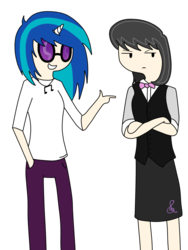 Size: 750x1000 | Tagged: safe, artist:staticwave12, dj pon-3, octavia melody, vinyl scratch, human, g4, adventure time, clothes, crossover, female, horn, horned humanization, humanized, male, simple background, style emulation, transparent background