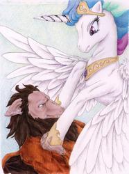 Size: 1319x1776 | Tagged: safe, artist:elisto, princess celestia, scorpan, g1, g4, fight, traditional art