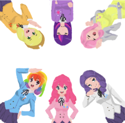 Size: 986x972 | Tagged: safe, artist:esnon, applejack, fluttershy, pinkie pie, rainbow dash, rarity, twilight sparkle, human, g4, humanized, mane six, tora dora