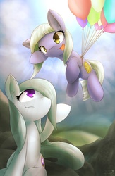Size: 1250x1920 | Tagged: safe, artist:dshou, limestone pie, marble pie, earth pony, pony, g4, alternate cutie mark, balloon, duo, duo female, ear fluff, female, flying, looking up, mare, open mouth, pie sisters