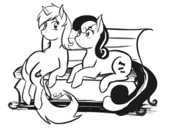 Size: 887x661 | Tagged: dead source, safe, artist:tiranit, bon bon, lyra heartstrings, sweetie drops, earth pony, pony, unicorn, g4, bench, black and white, duo, grayscale, monochrome, simple background, sitting, sitting lyra, white background