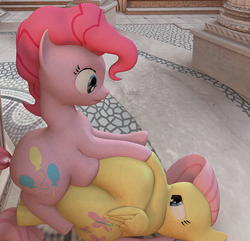 Size: 585x563 | Tagged: safe, artist:eggo81194, fluttershy, pinkie pie, earth pony, pegasus, pony, g4, 3d, belly, fat, fattershy, female, folded wings, large butt, lying down, mare, obese, on back, wings