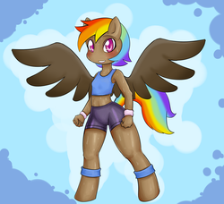 Size: 1280x1167 | Tagged: safe, artist:basketgardevoir, rainbow dash, anthro, unguligrade anthro, g4, ambiguous facial structure, belly button, clothes, female, midriff, solo, sports bra, sweat, tank top